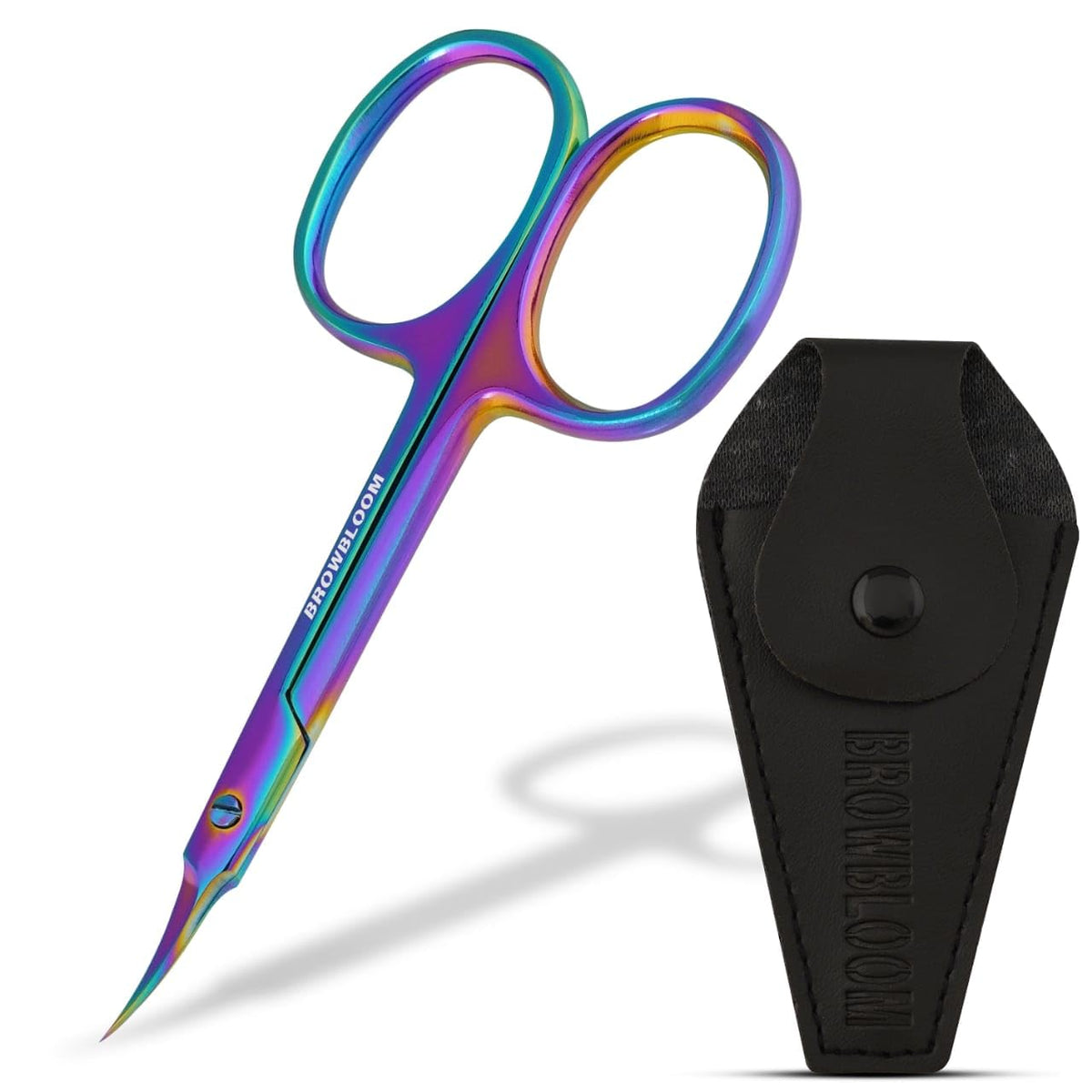 BROWBLOOM precision cuticle scissors in multi-color with curved blades for precise trimming.