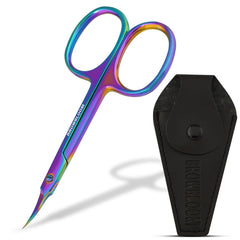 BROWBLOOM precision cuticle scissors in multi-color with curved blades for precise trimming.