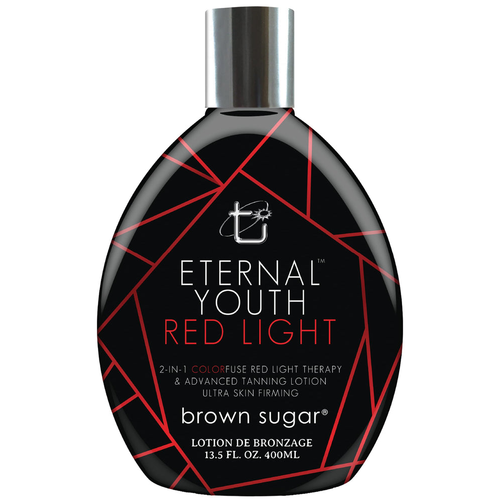 Brown Sugar Eternal Youth, botella frontal, bronceado uniforme y tono radiante.
