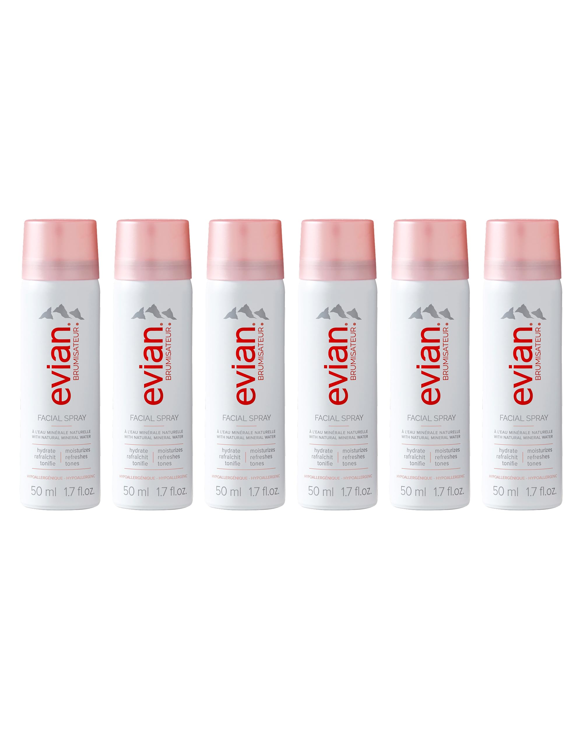 BRUMISATEUR Evian Facial Spray travel 6-pack provides on-the-go hydration for the skin.
