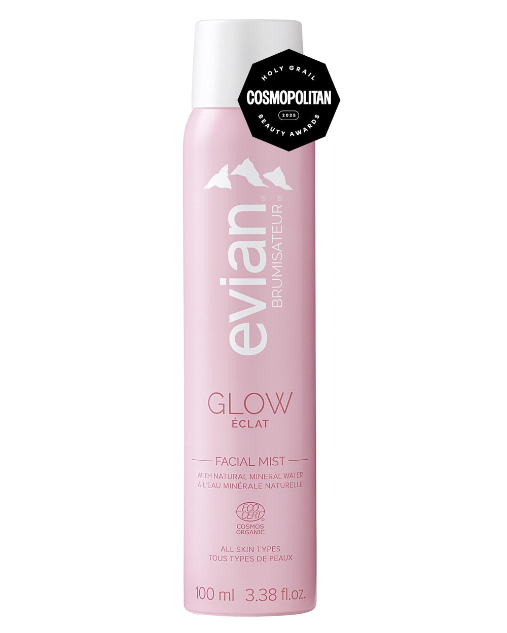 Evian Glow bruma para rostro: botella spray para hidratación rápida de la piel.