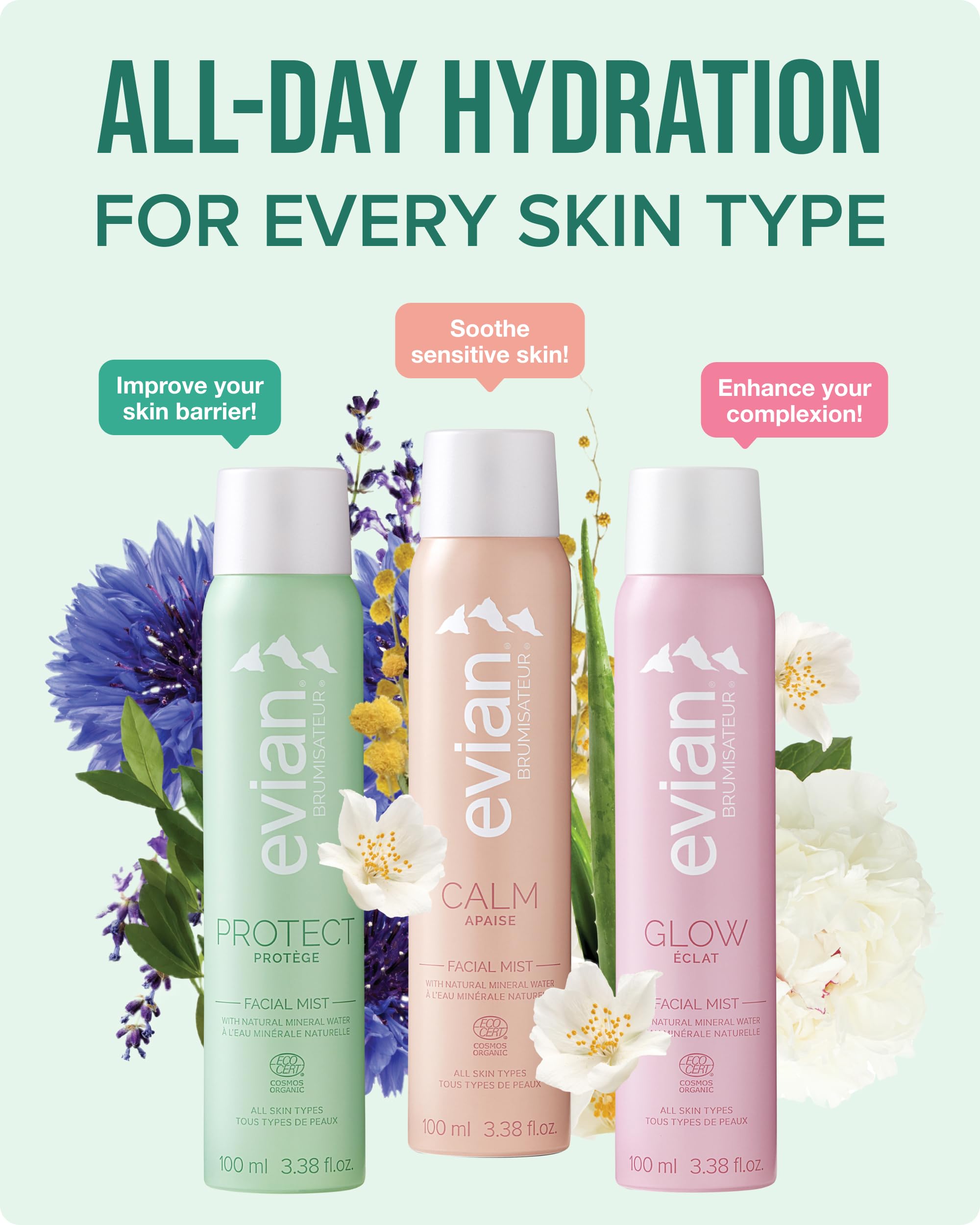 Evian Glow bruma para rostro: etiqueta Ecocert para una propuesta orgánica.