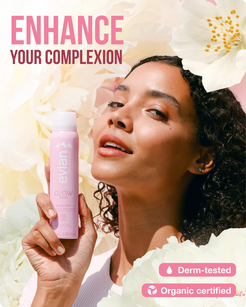 Evian Glow bruma para rostro: piel hidratada con bruma de agua mineral.