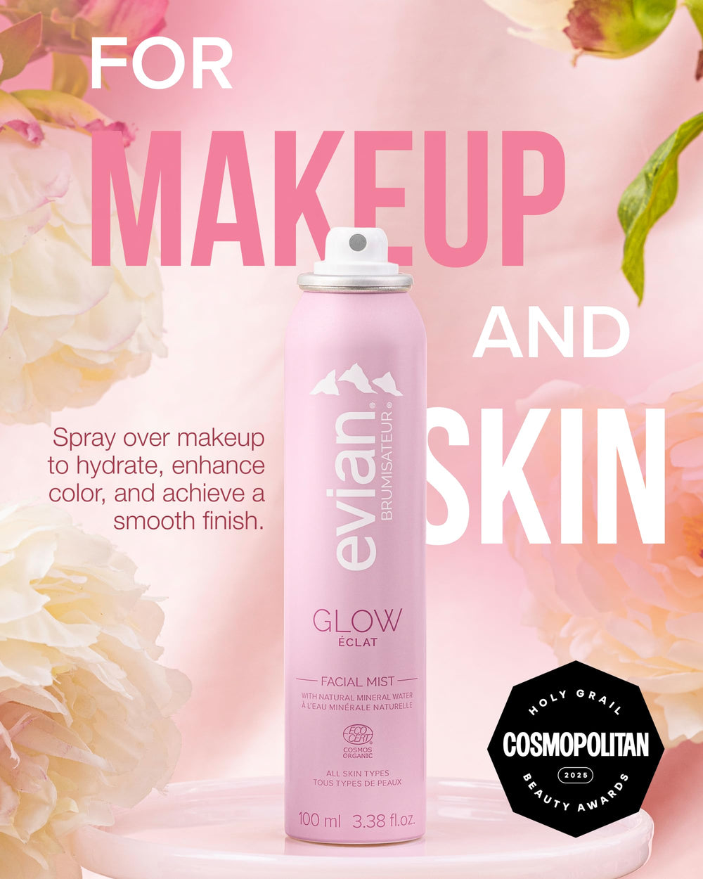 Evian Glow bruma para rostro: raíz de peonía blanca para brillo suave.