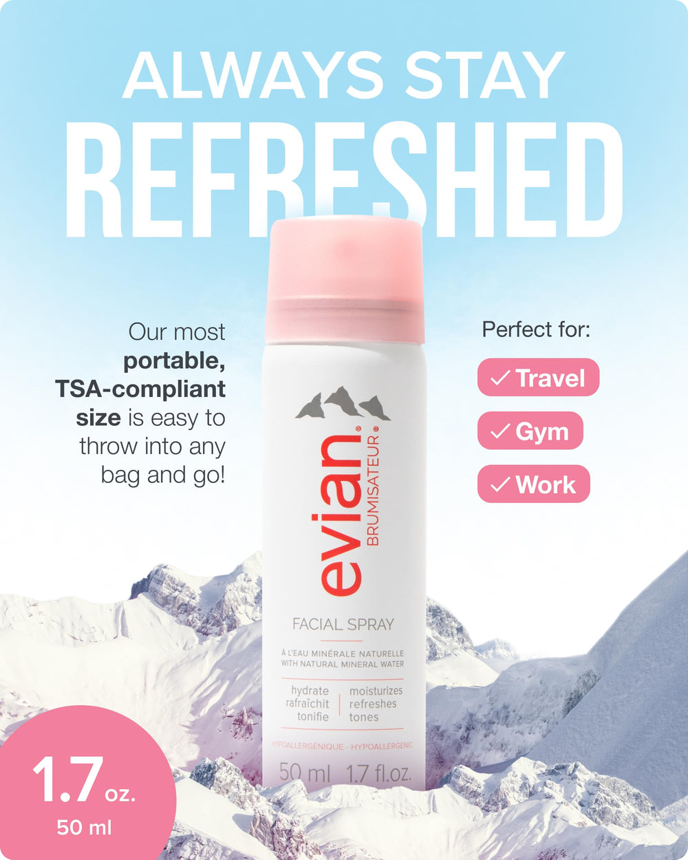 Brumizador Evian en escritorio para piel hidratada durante el día.