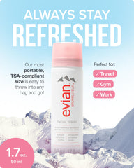 Brumizador Evian en escritorio para piel hidratada durante el día.
