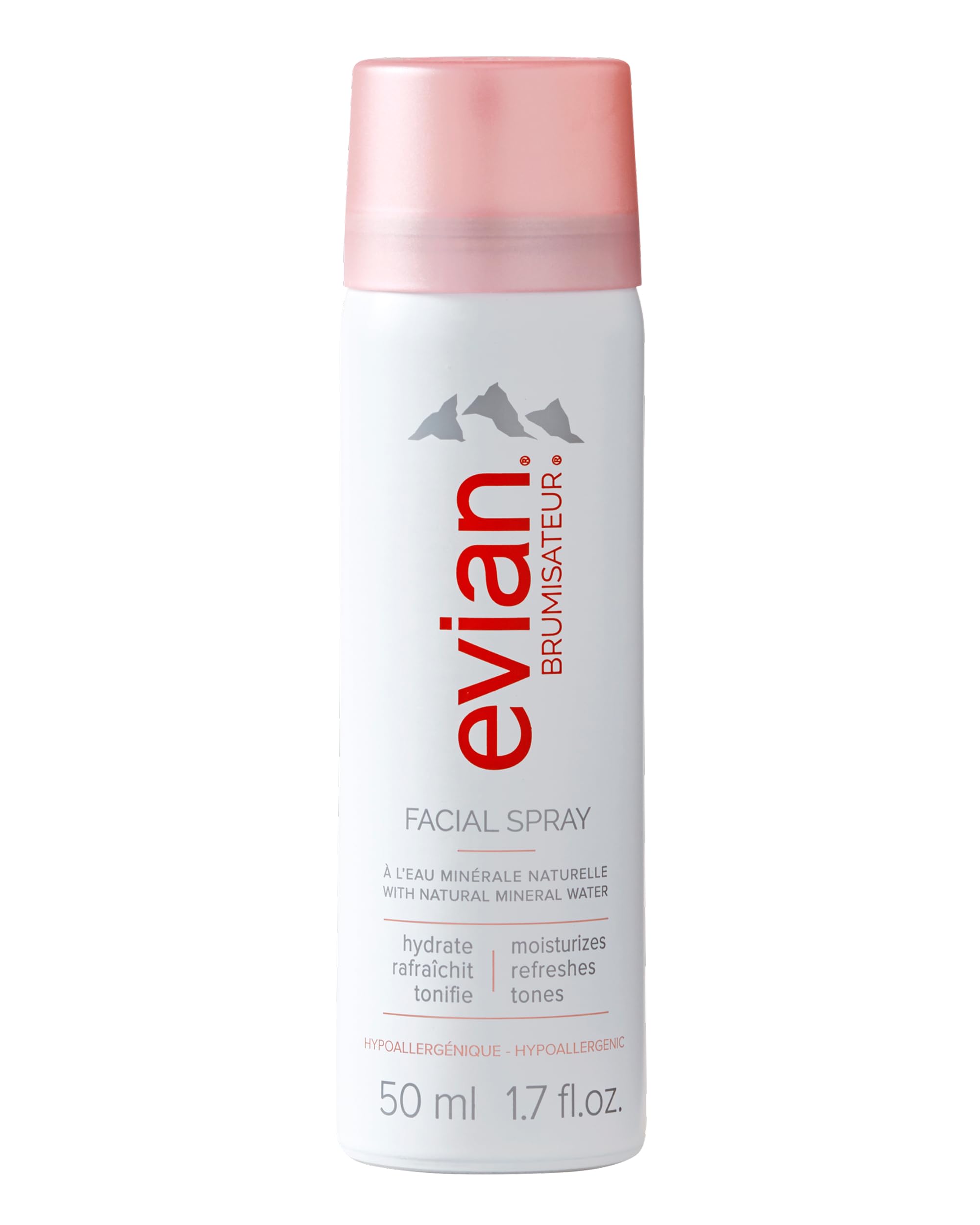 Brumizador Evian, botella de 50 ml, para hidratación rápida en cualquier lugar.