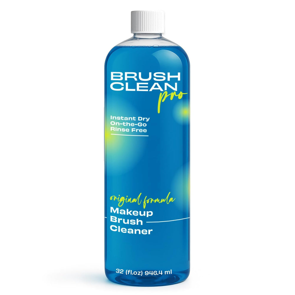 Brush Clean Pro Original bottle pour demonstrates quick, water-free cleaning for on-the-go beauty routines.
