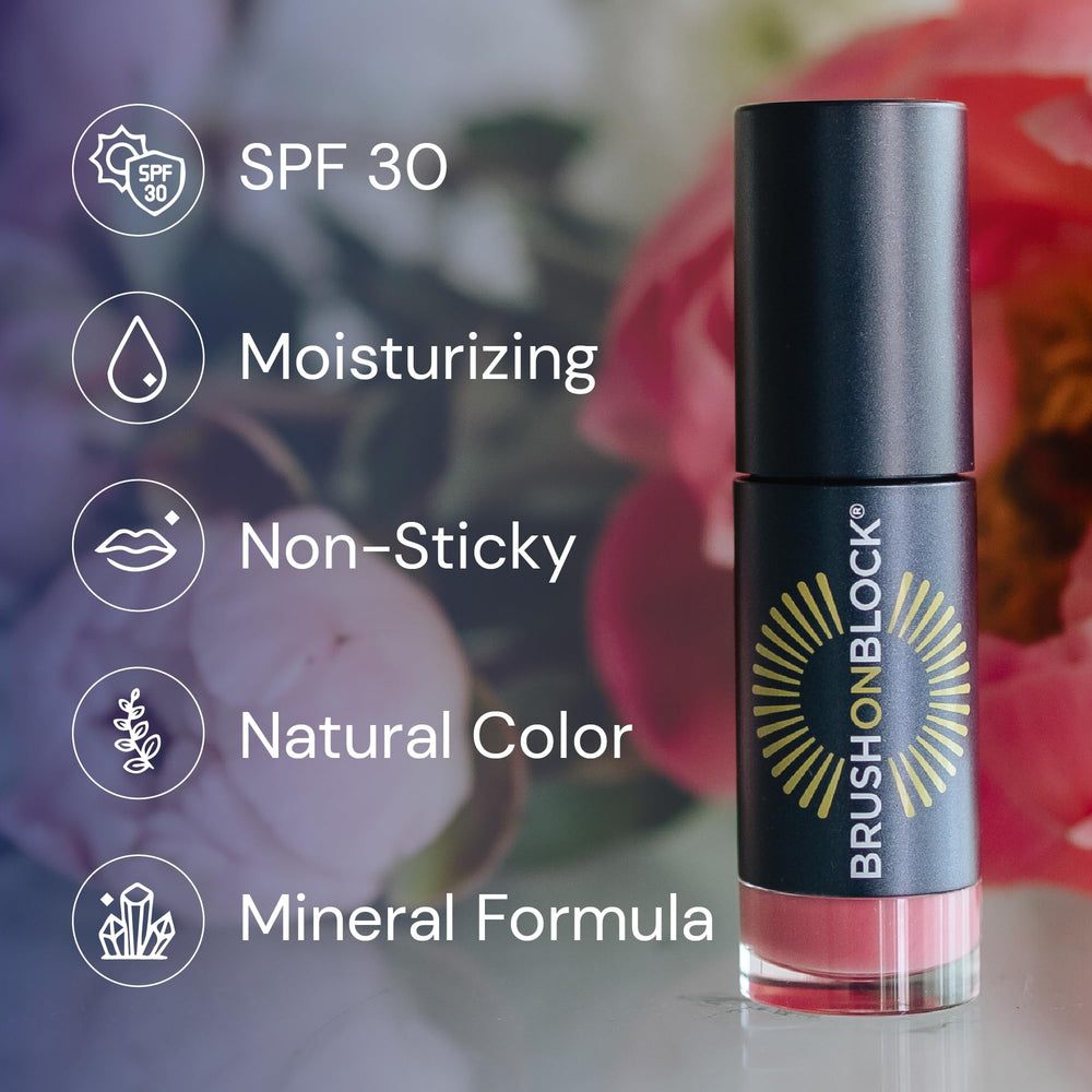 Brush On Block SPF 30 lip oil shields against UV and HEV while moisturizing.