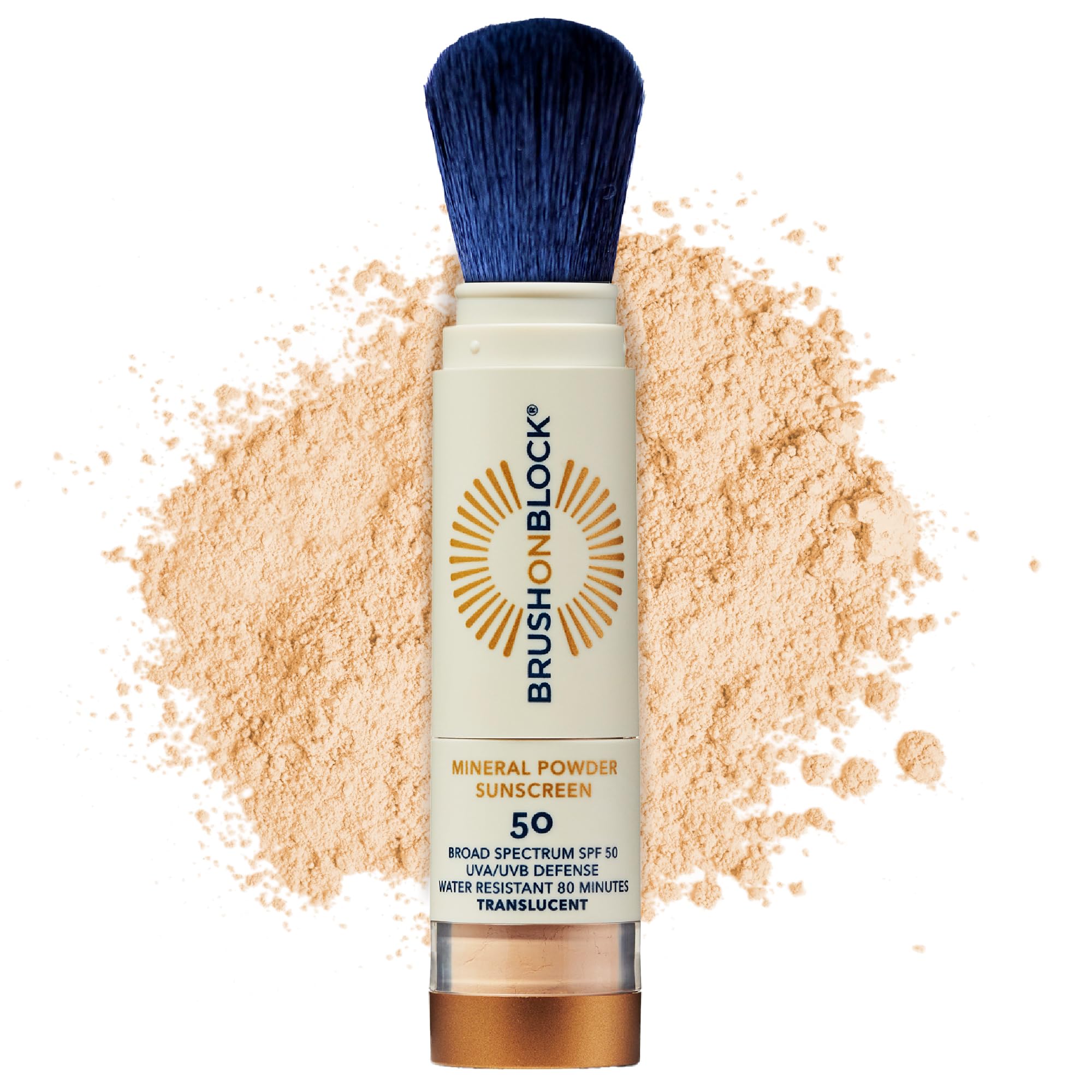 Brush On Block SPF 50 mineral powder sunscreen in translucent shade for daily protection