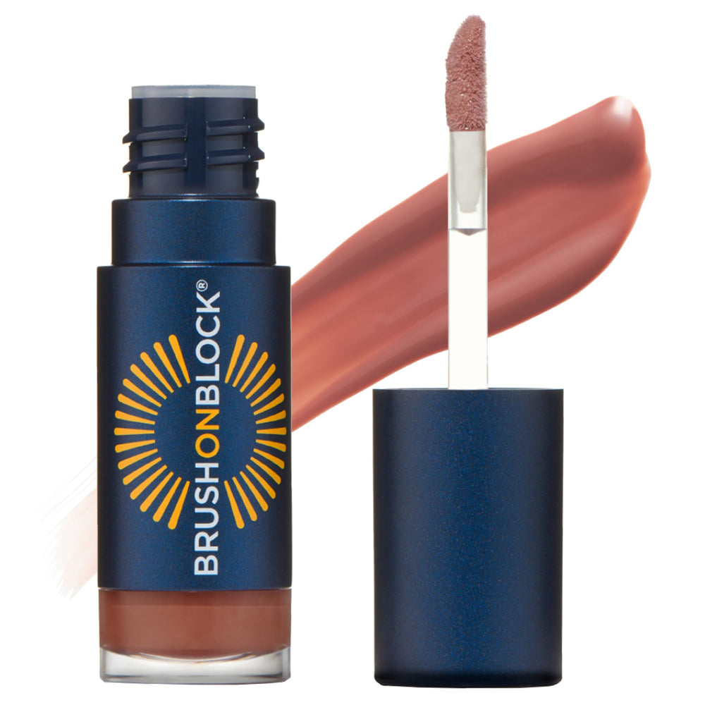 Brush On Block lip oil with SPF 30, mineral protection and glossy finish.