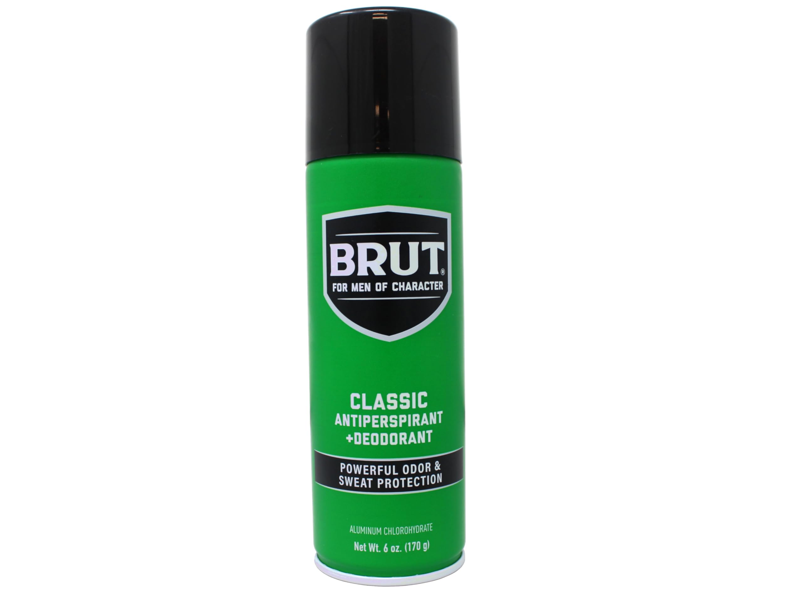 Brut aerosol can dispensing spray, classic scent, for reliable odor control.