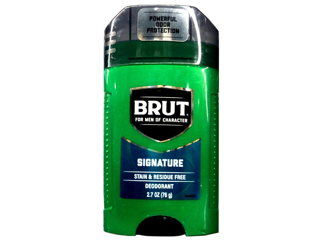 Brut Deodorant Signature Scent back label outlines ingredients and usage guidance.