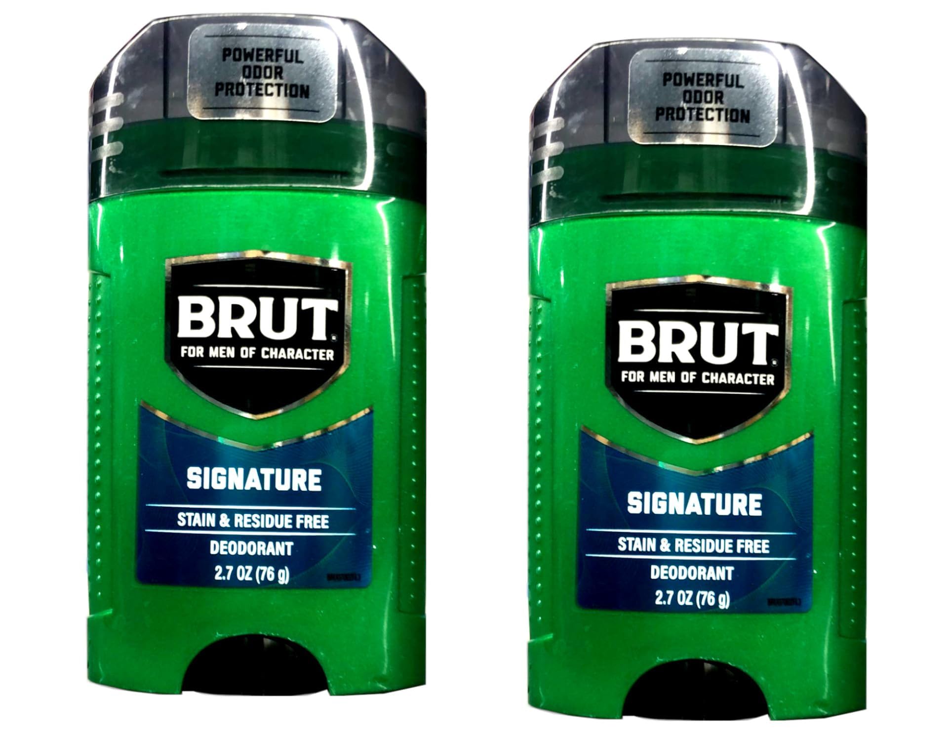 Brut Deodorant Signature Scent bottle front view showcasing classic design for everyday freshness.