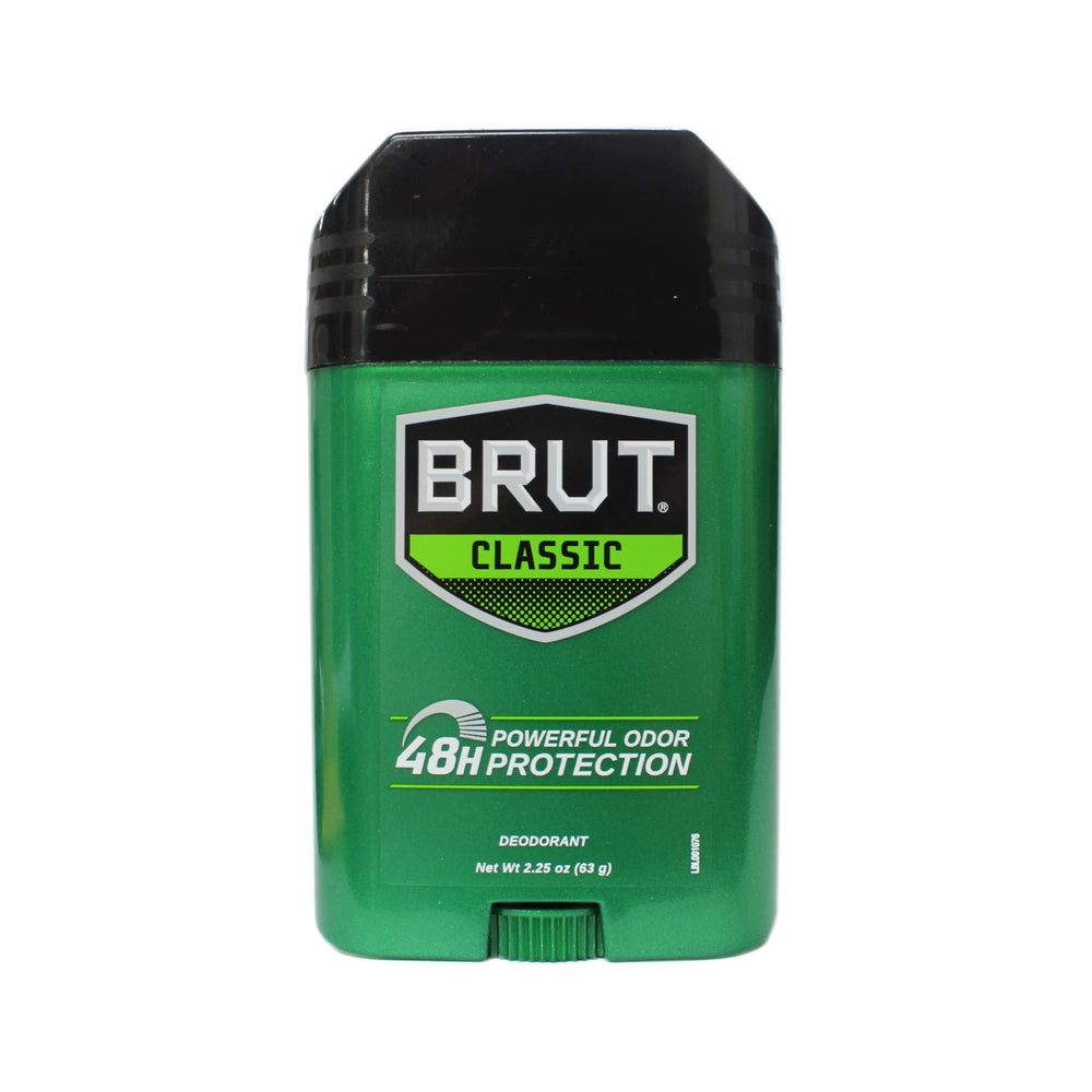 Brut Deodorant Signature Scent ingredients label shows notes and safety tips.