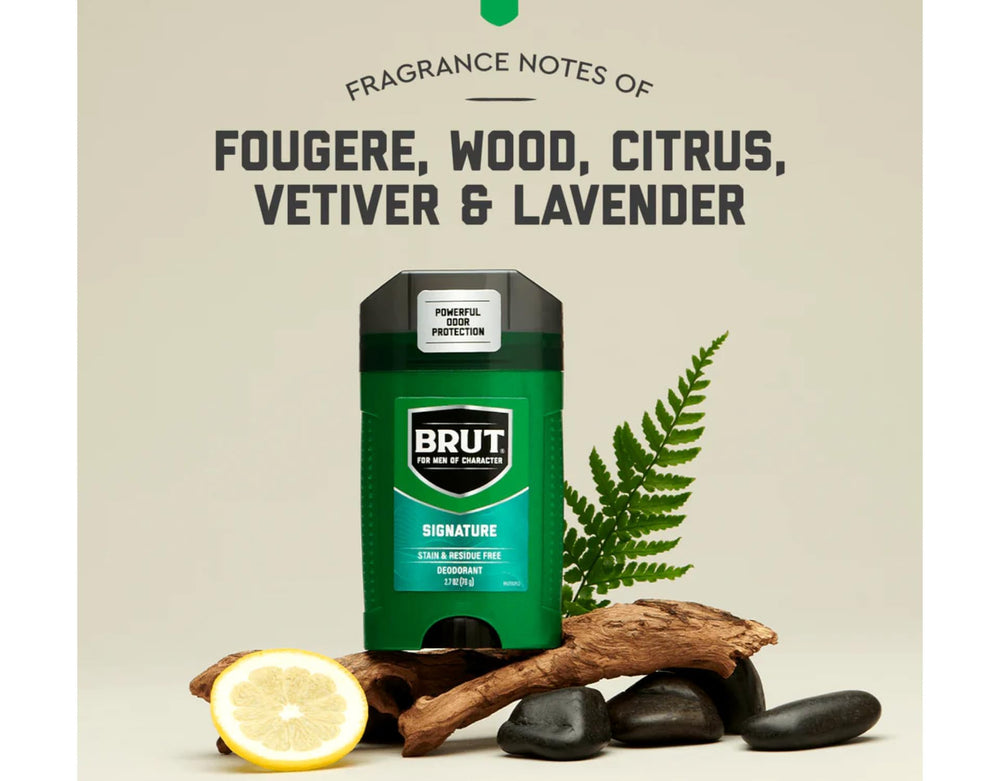 Brut Deodorant Signature Scent textured surface promotes premium branding and grip.
