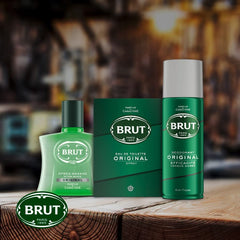 Brut Original edt aerosol bottle indicates a long-lasting fragrance for confidence.
