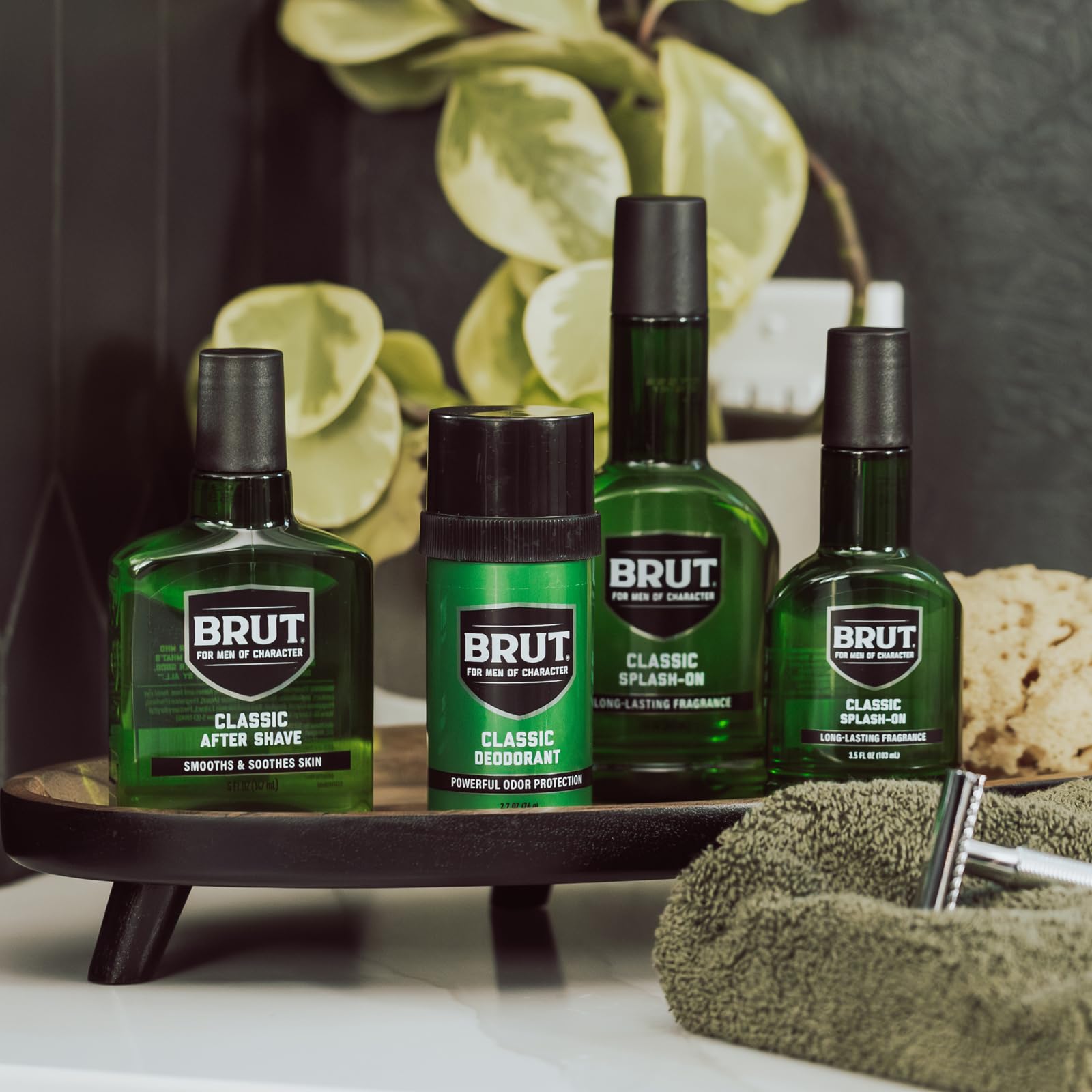 Masculine branding and classic packaging evoke confident grooming.
