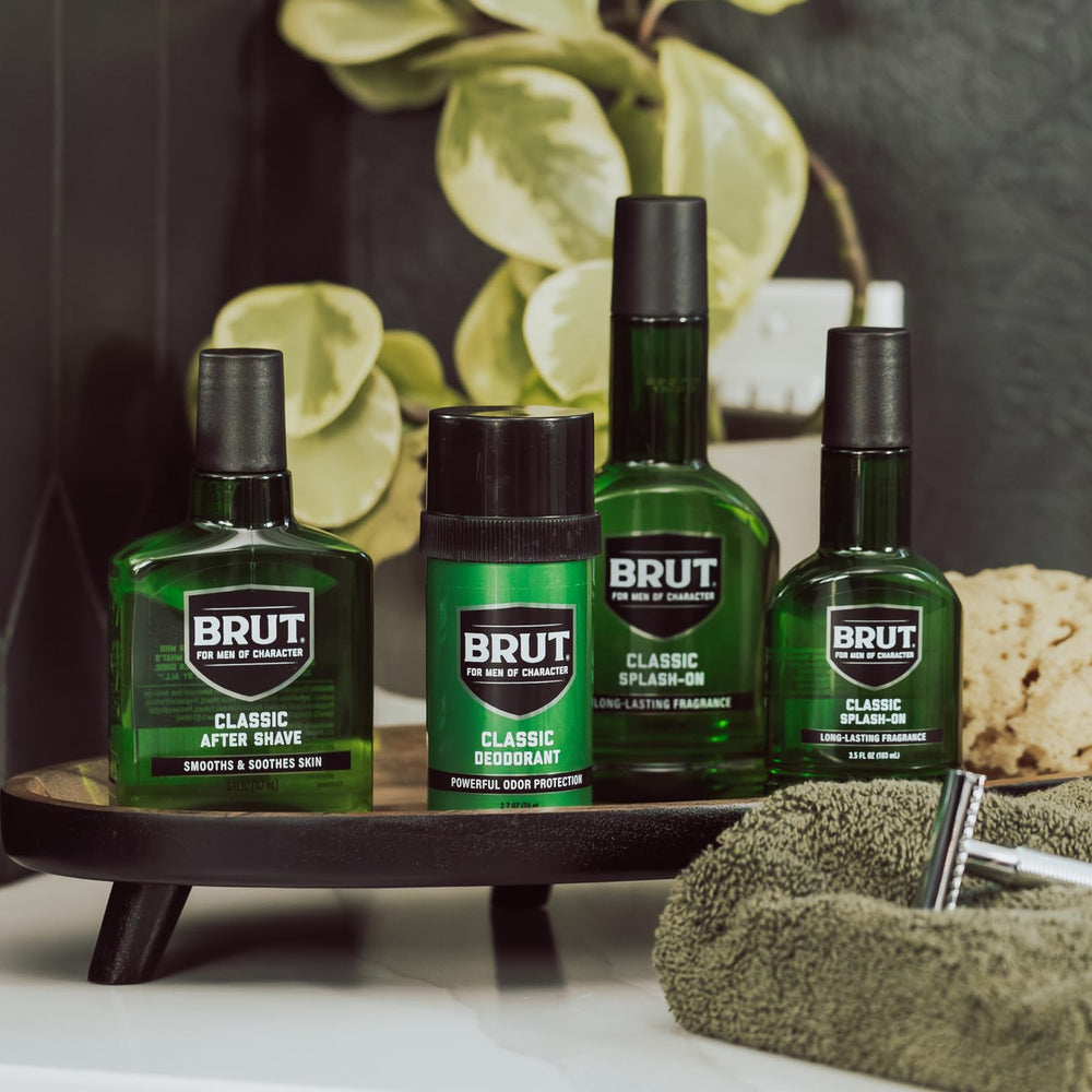 Masculine branding and classic packaging evoke confident grooming.