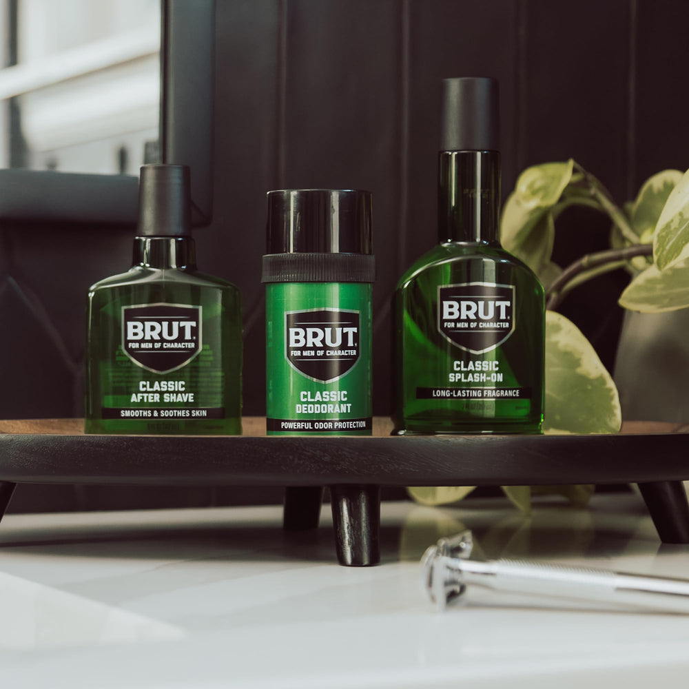 BRUT Splash-On Original fragrance packaging showcases premium branding.