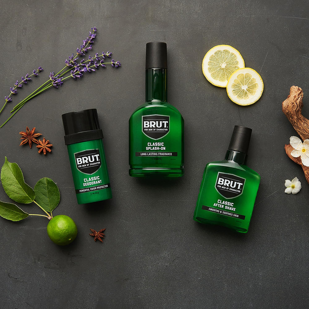 BRUT Splash-On Original fragrance emphasizes woody notes for presence.