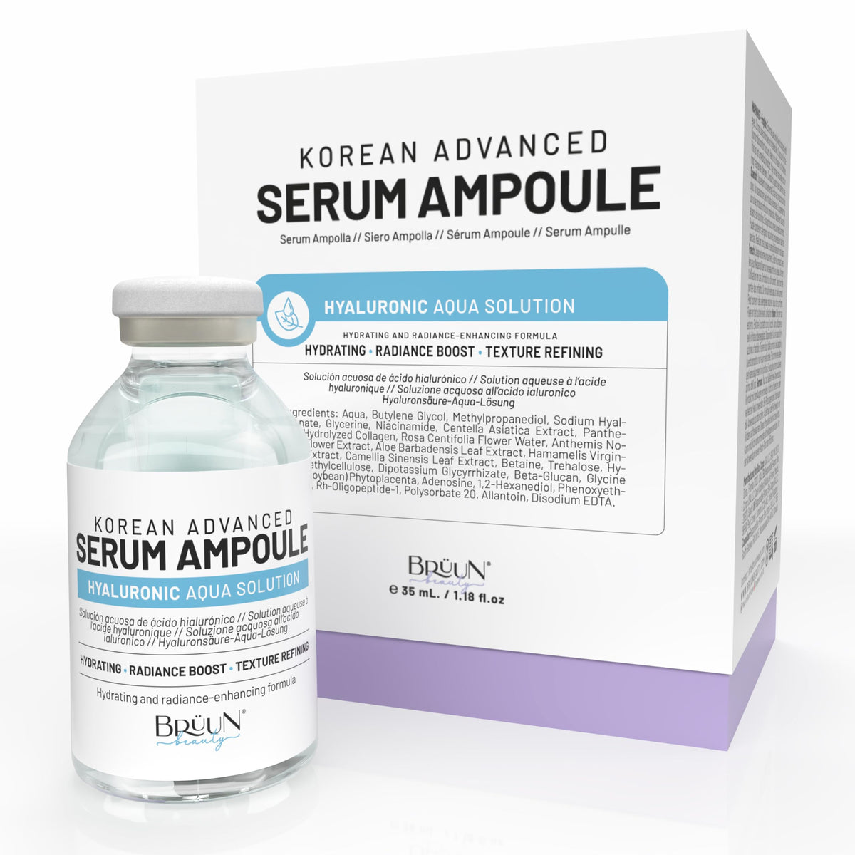 BRÜUN HY hyaluronic ampoule bottle shown for daily hydration and nourishment.
