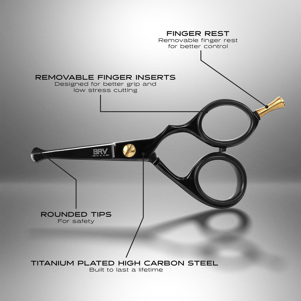 BRV MEN rounded-tip scissors for delicate facial areas without snag.