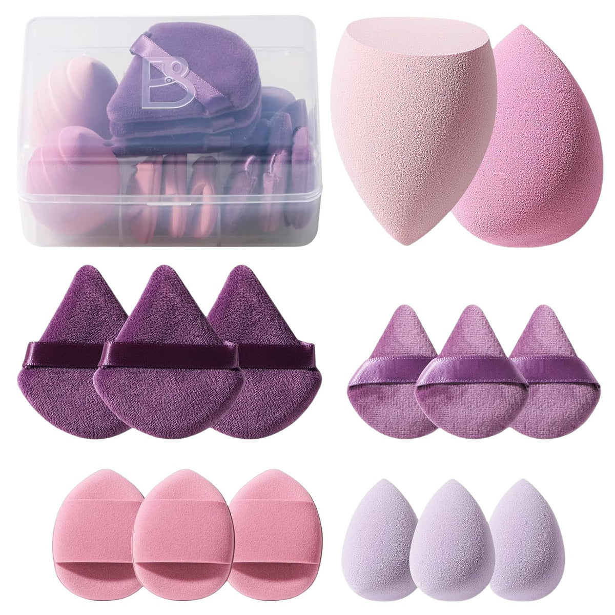 BS-MALL triangle-puff 14-piece sponge set in purple for even foundation blending