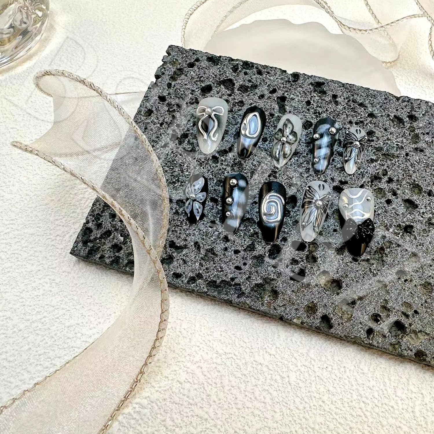 BSBTBZ Lazo mariposa y adornos en uñas, ideal para novia o fiesta.