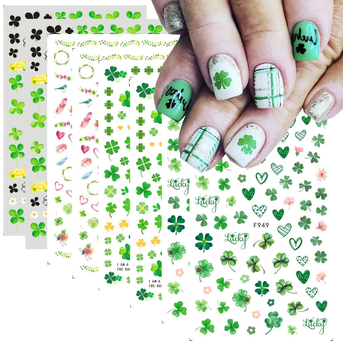 BSBTBZ St Patrick's Day nail stickers with shamrock patterns for festive manicure ideas.