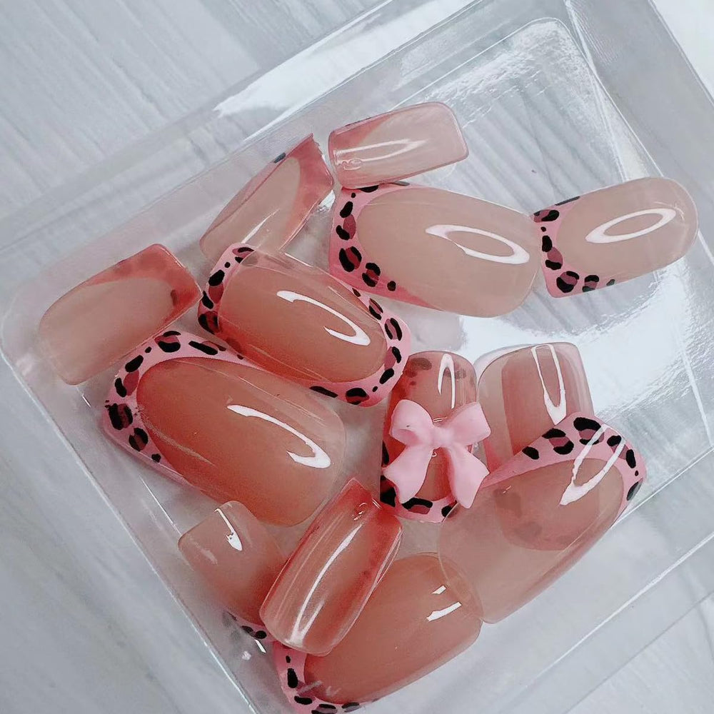 BSBTBZ uñas francesas con diseño leopardo y lazo rosa brillo para eventos