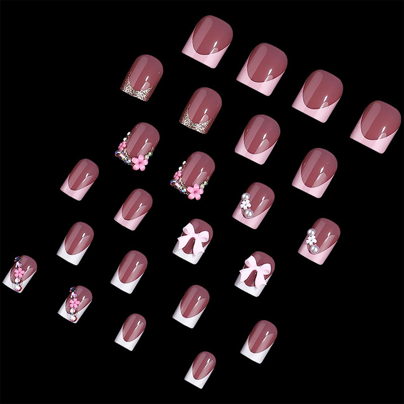 BSBTBZ uña francesa rosa con flor, ideal para fiestas