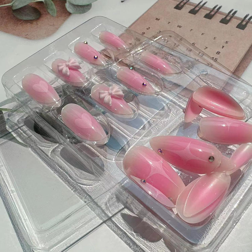 BSBTBZ uñas en forma almendra con diseño de lazo para uso diario.