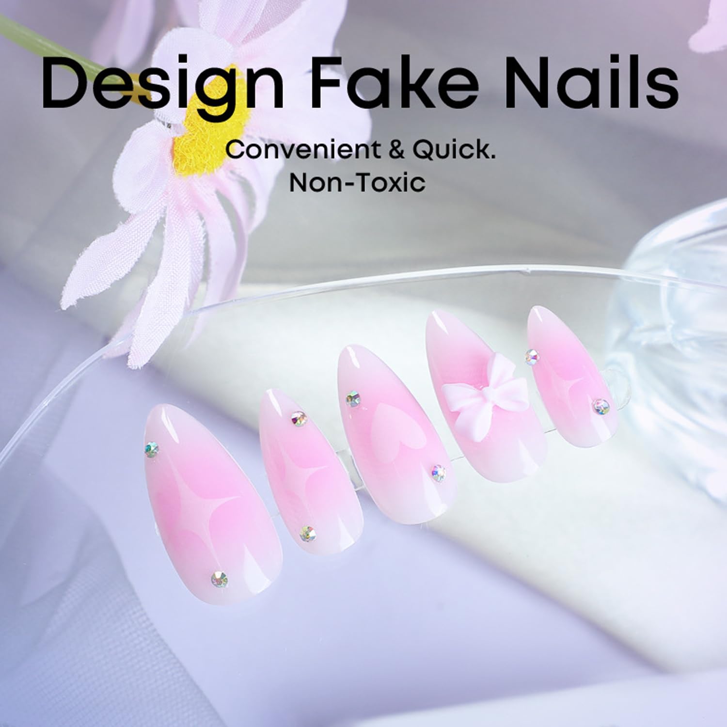 BSBTBZ uñas adhesivas gradiente rosa con cristales para ocasiones especiales.