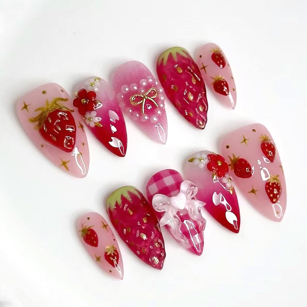 BSBTBZ uñas postizas con diseño fresa floral para un look elegante y duradero.