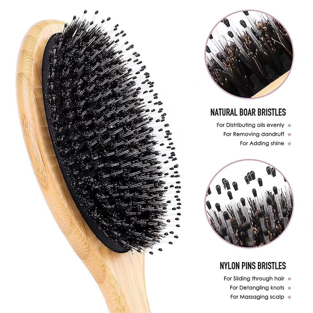 Bsisme boar bristle brush close-up distributes natural oils for shine.