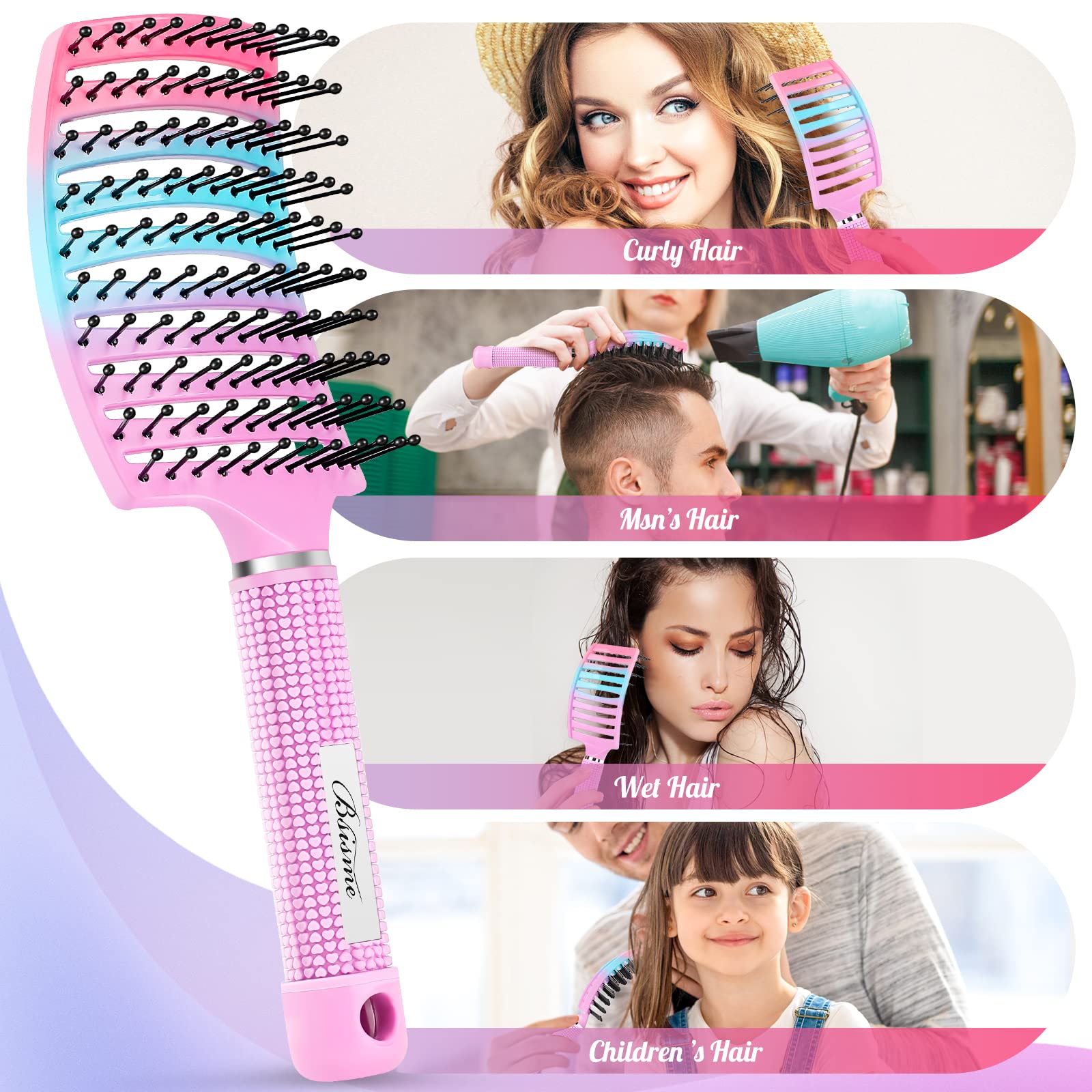Bsisme curved vented brush fits the scalp and massages for a soothing feel.
