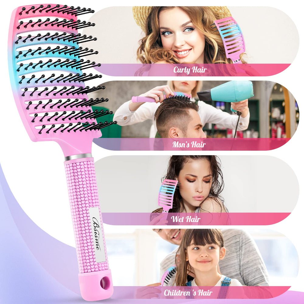 Bsisme curved vented brush fits the scalp and massages for a soothing feel.