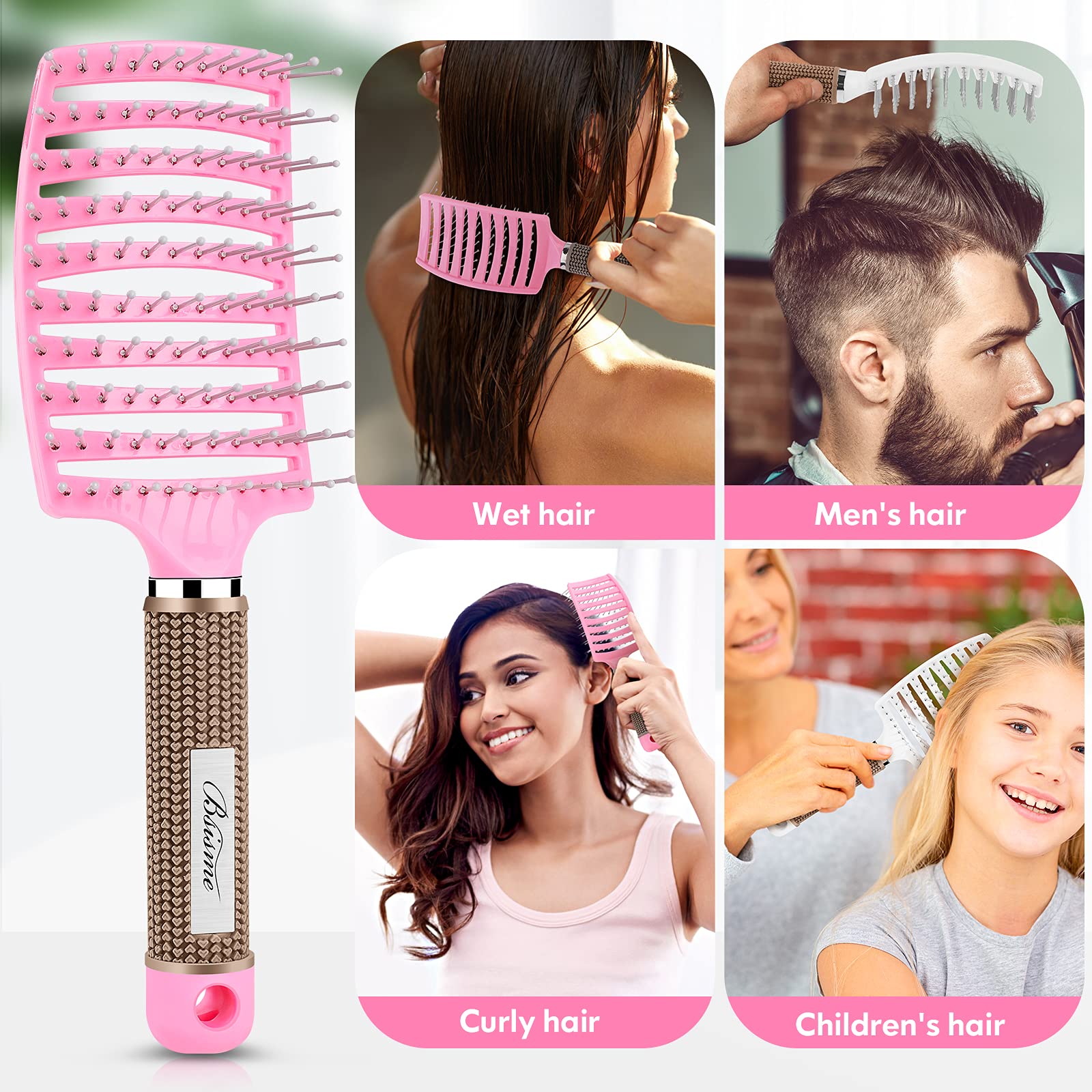Bsisme curved brush featuring a non-slip handle for secure styling sessions.