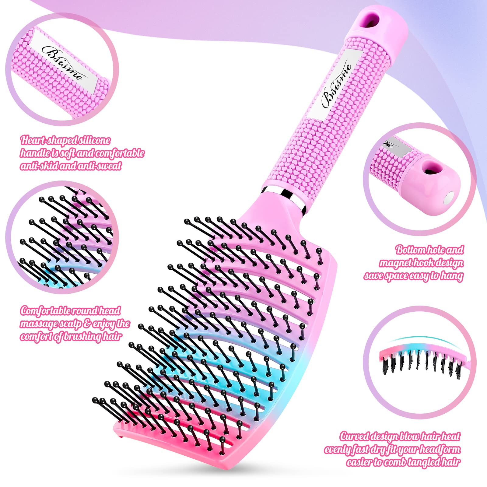 Bsisme nylon bristles detangler glides through wet hair without snagging.