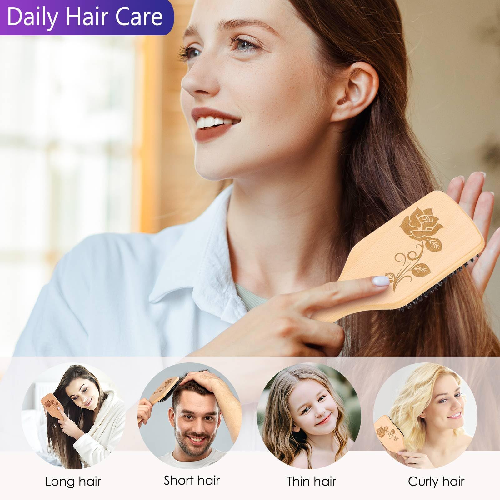 Bsisme brush with nylon bristles helps remove dust and soothe scalp.