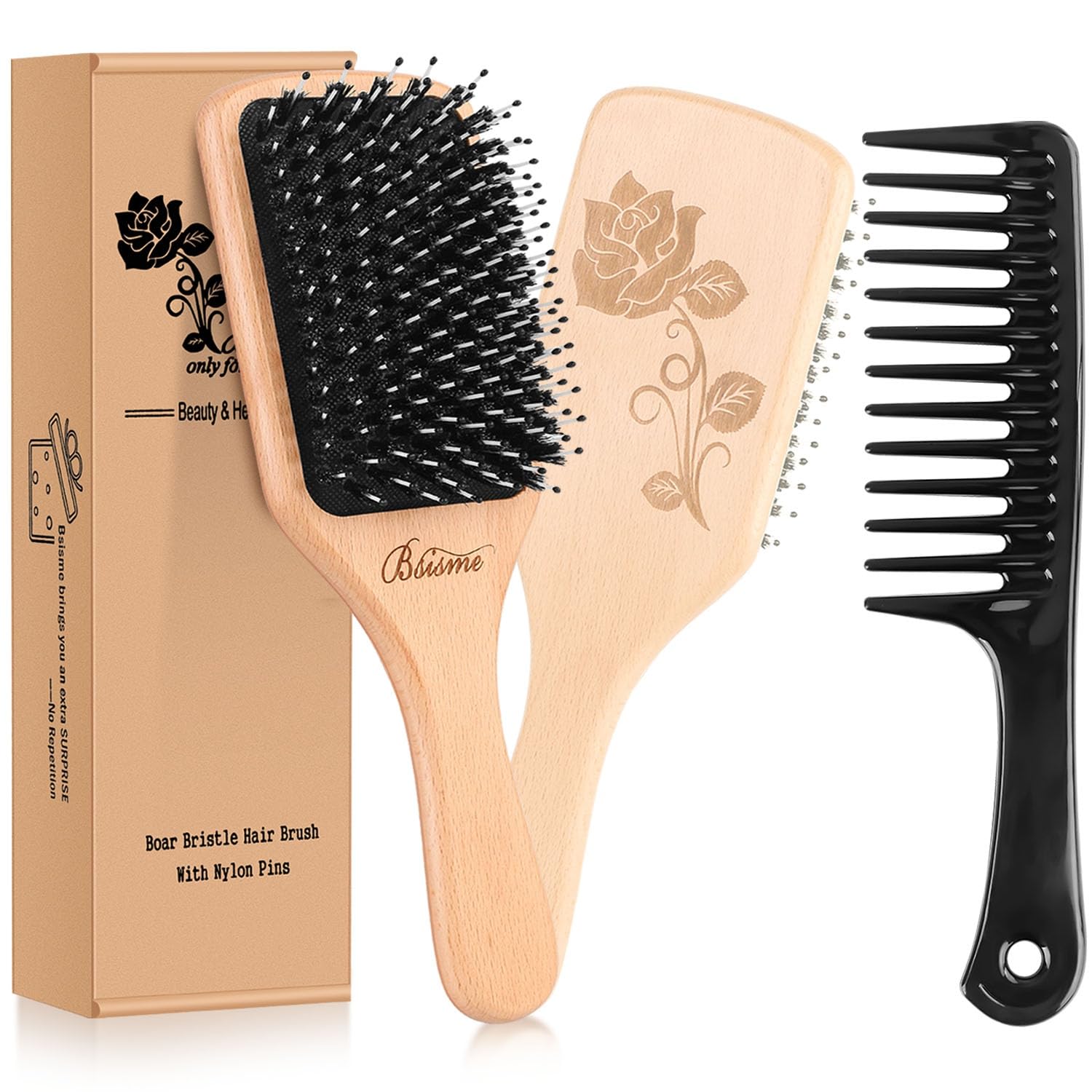 Bsisme hair brush wooden paddle aids gentle detangling and smooth styling.