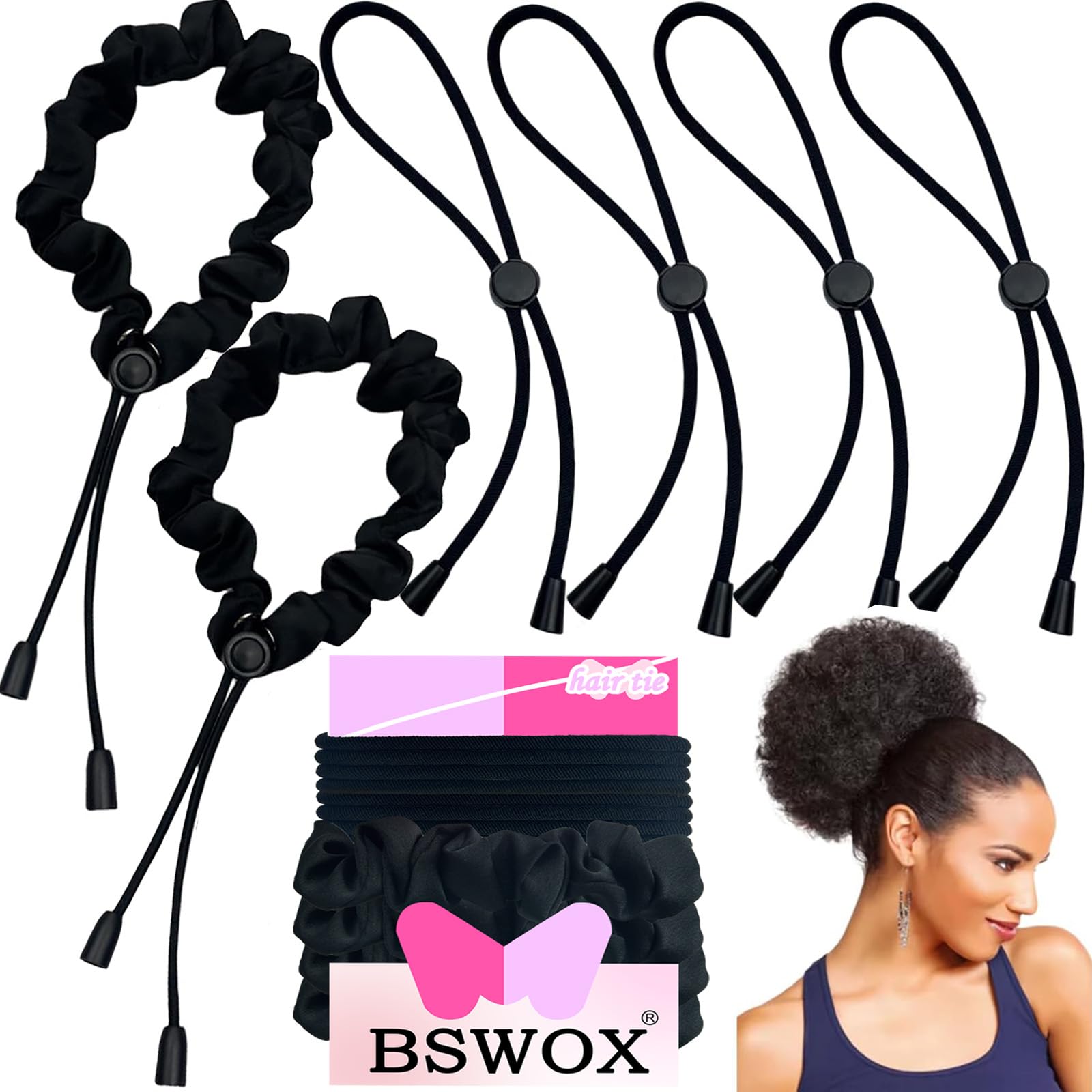 BSWOX banda satin ajustable negro, sujeción suave para peinados seguros.