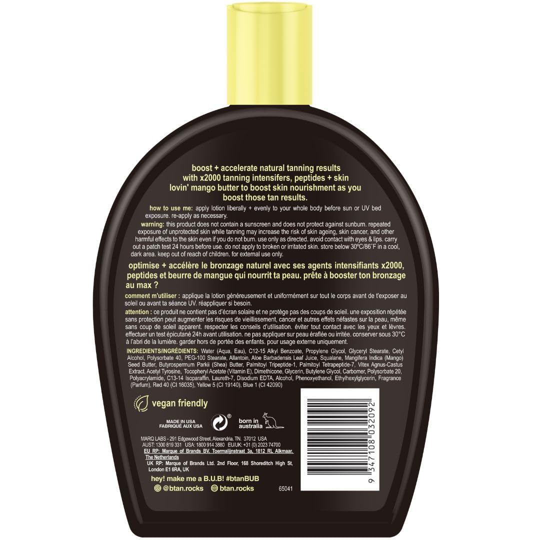 B.TAN btan-lotion-bronceado-tinte-cuerpo con tono dorado visible.