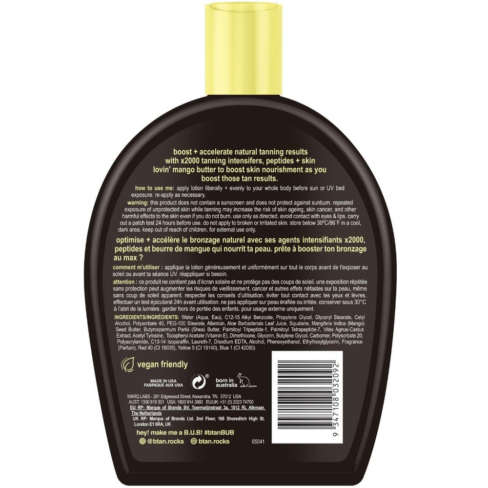 B.TAN btan-lotion-bronceado-tinte-cuerpo con tono dorado visible.