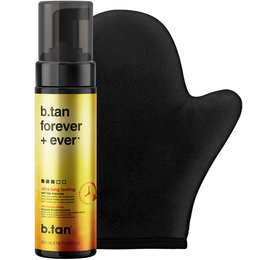 BTAN mousse autobronceador oscuro, enfoque en la botella para un bronceado de larga duración.