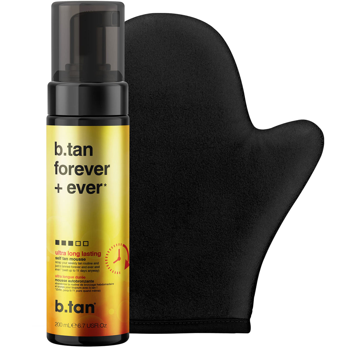 BTAN mousse autobronceador oscuro, enfoque en la botella para un bronceado de larga duración.