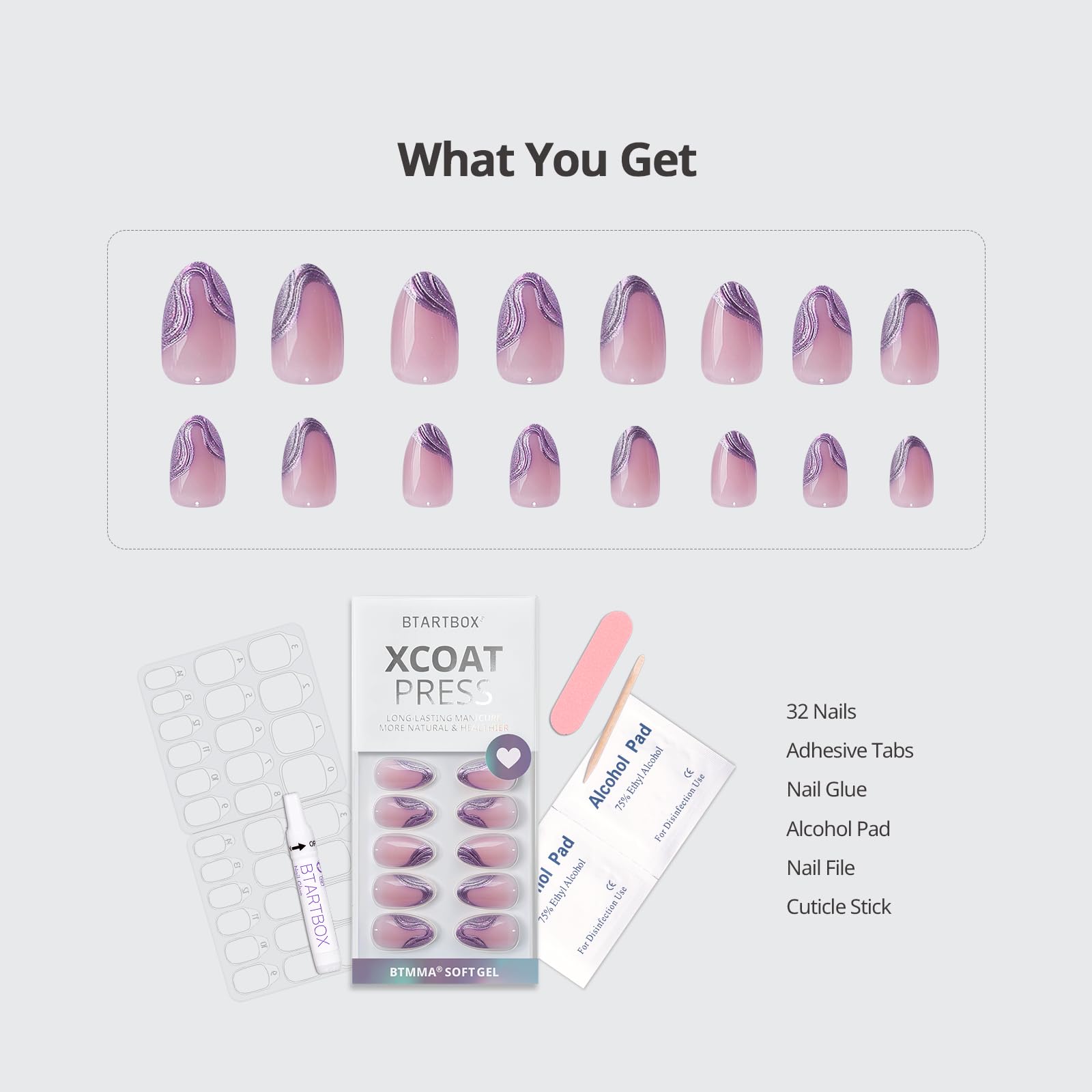 BTArtbox nail kit components showing 16 sizes and 32 nails
