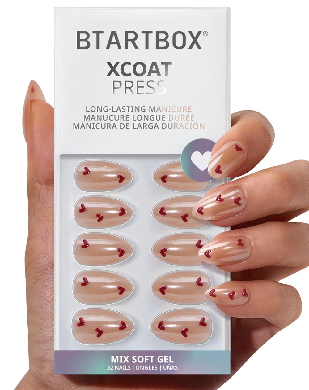 BTArtbox Feel My Love nails close-up showing a natural almond shape for effortless wear.