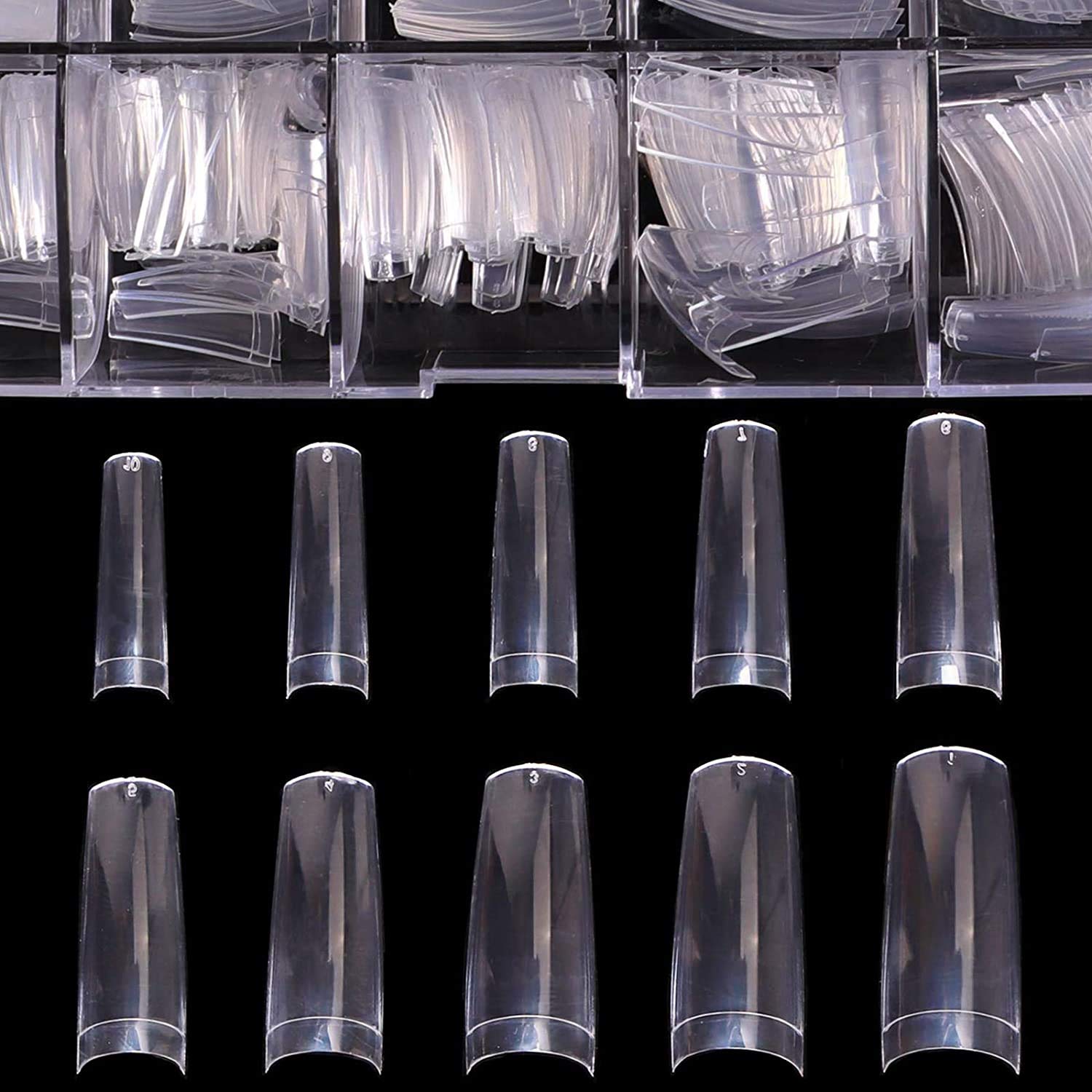 BTArtbox tips de uñas acrílicas claras en estuche, variedad de tamaños para ajuste preciso.